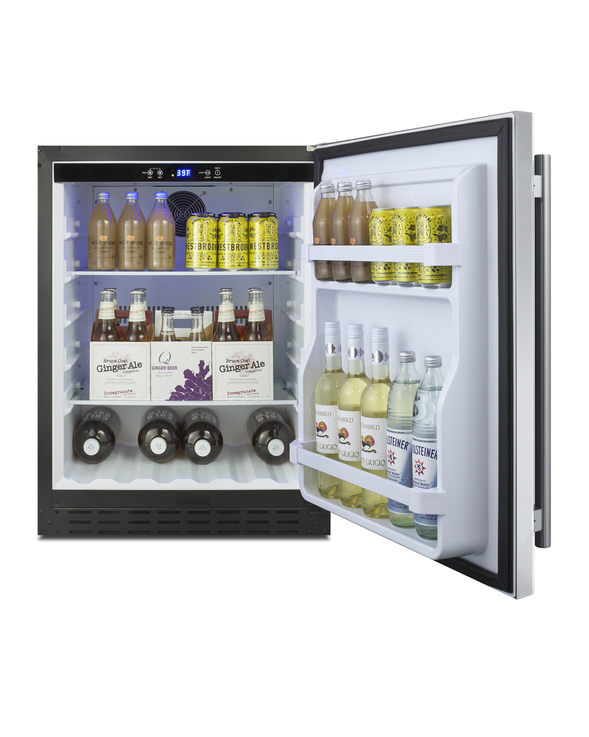 Built-in undercounter ADA compliant all-refrigerator with stainless steel door, black cabinet, door storage, lock, and digital controls